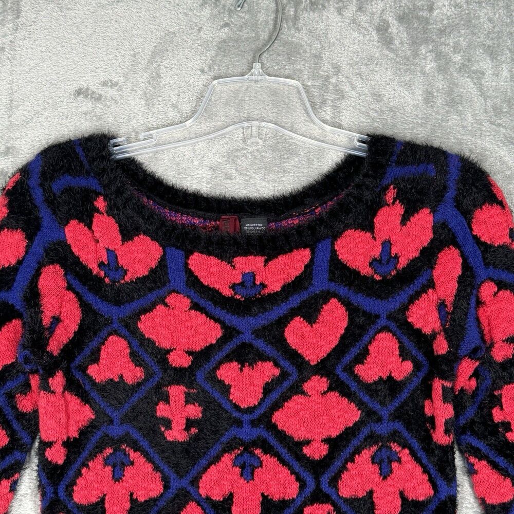 Desigual Sweater Women Small Pink Black Fuzzy Fleur de Lis Casual Colorful Artsy - Picture 4 of 9